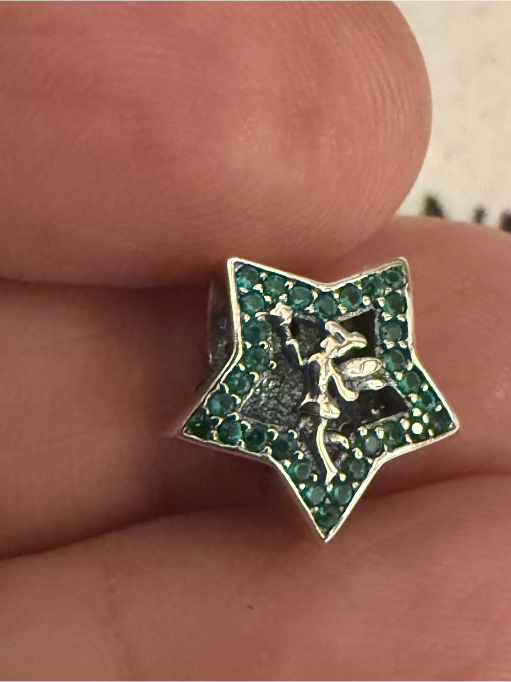 Silver Star Charm with Green Crystal Accents